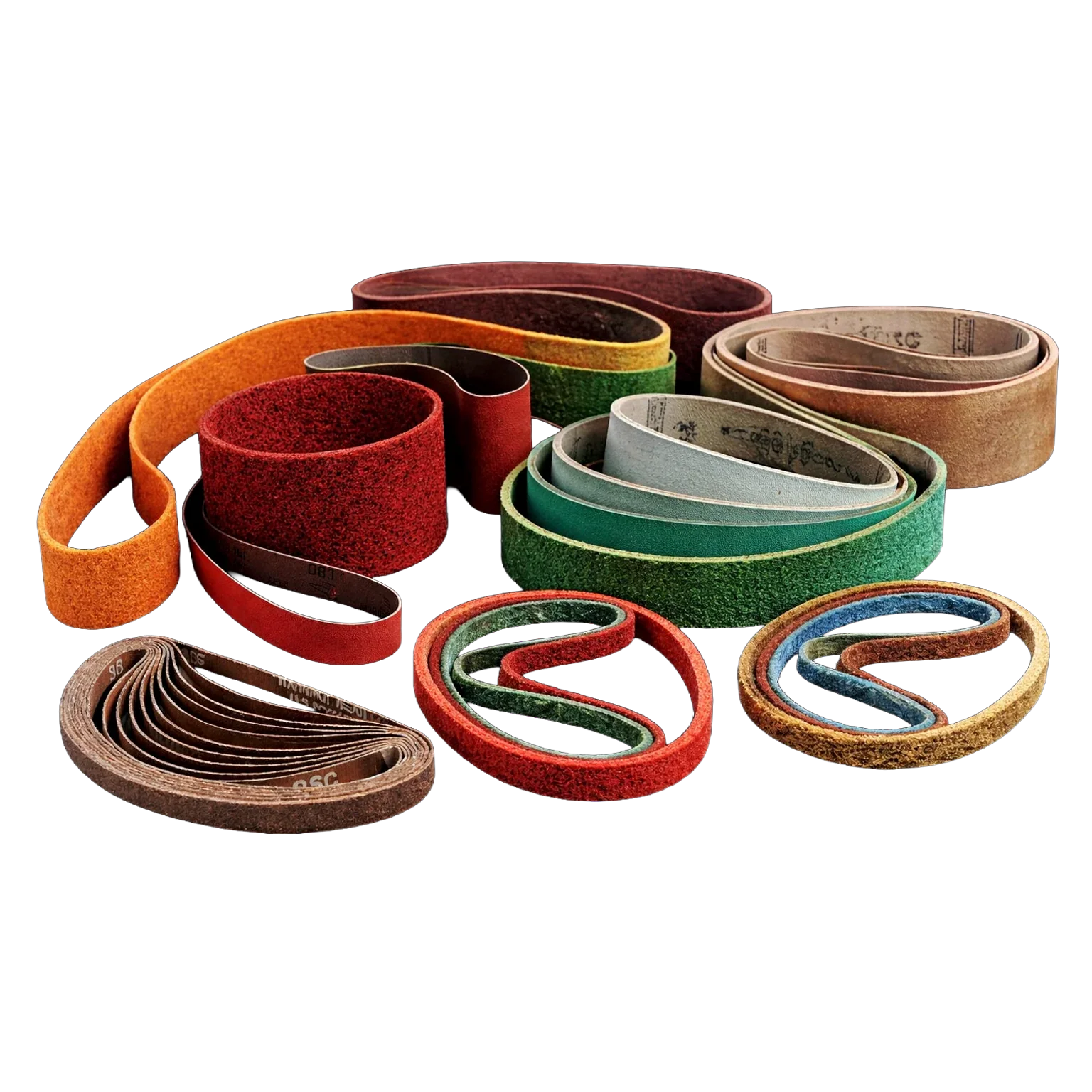 Various abrasive belts on a blank background.