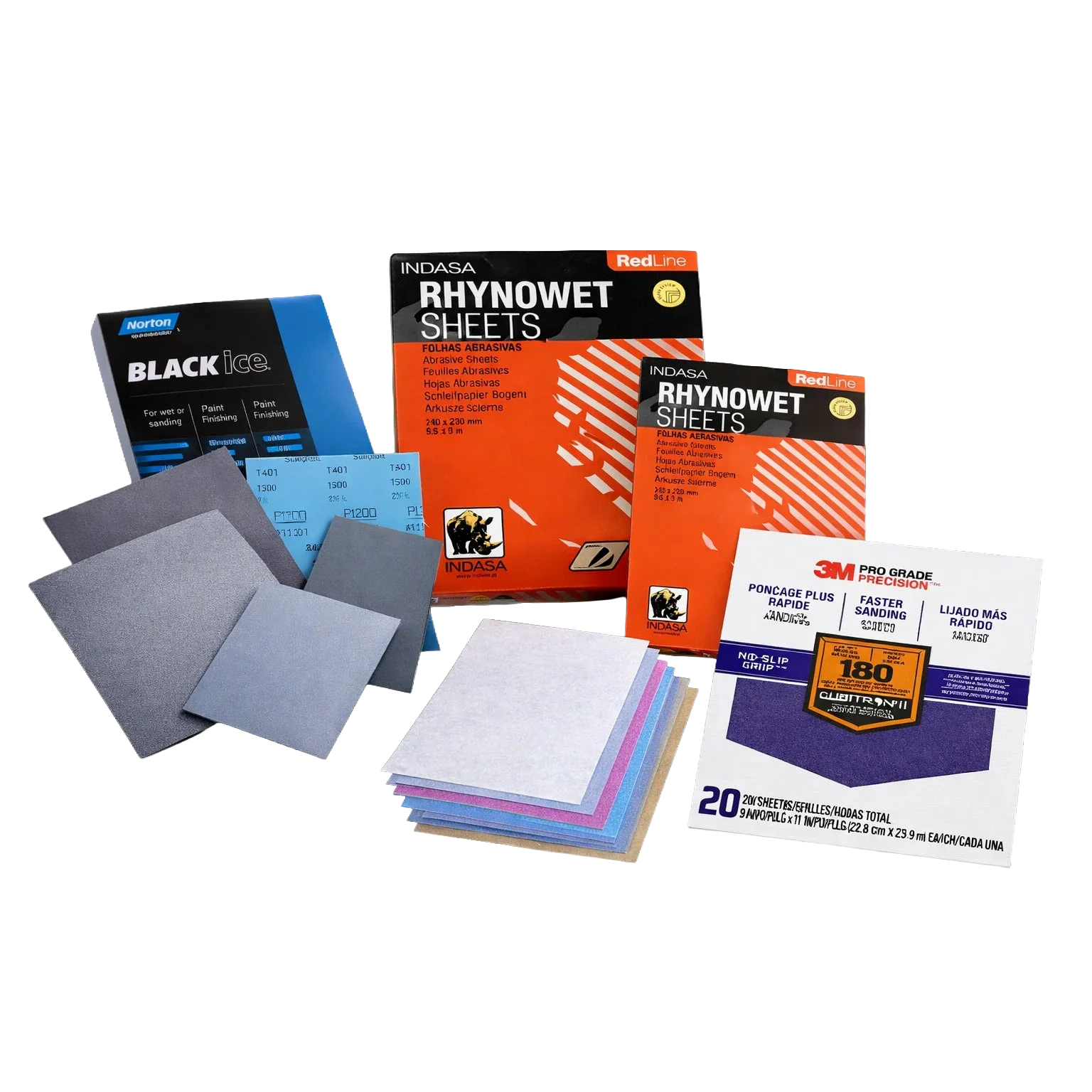 A collection of different abrasive sheets on a blank background.