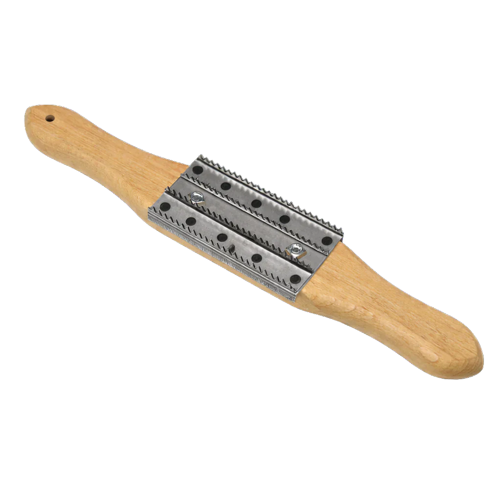 A buffing rake with wooden handles on a white background.