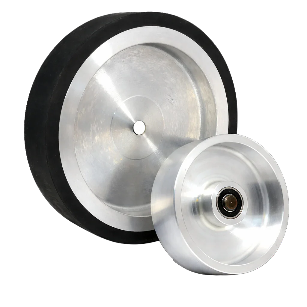 Two idler wheels one large and one small on a blank background.