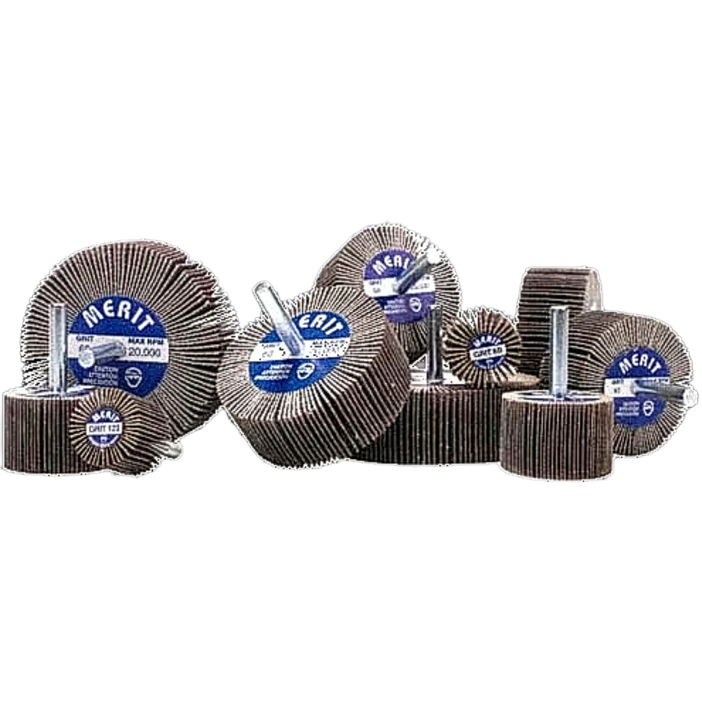 Pile of different sized flap wheels on a blank background.