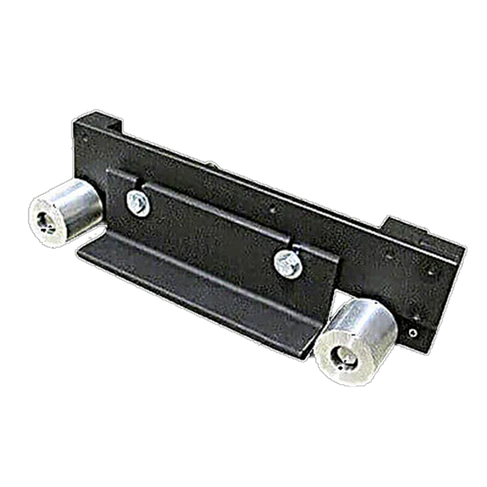 A black and metal clamp on a blank background.
