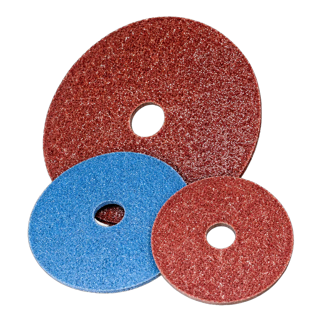 Three resin fiber discs in blue and red on a blank background.