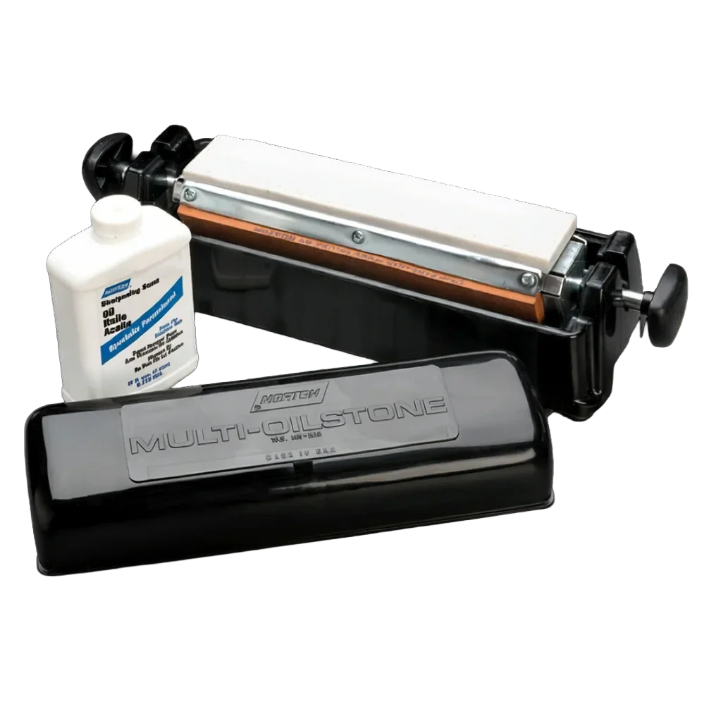 Various sharpening supplies on a blank background.