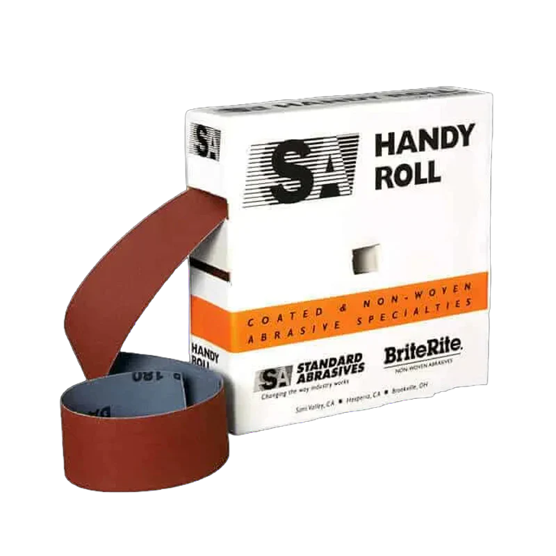 A box of Handy Roll with a sanding strip coming out of it on a blank background.