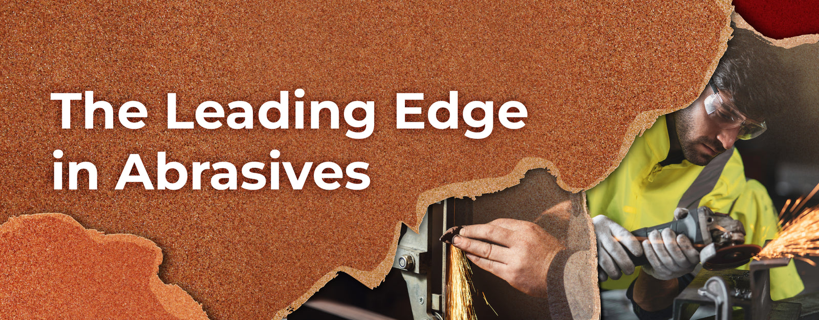 Website banner reading 'The Leading Edge in Abrasives' on top of a sandpaper textured background with images of a car and knife grinder.