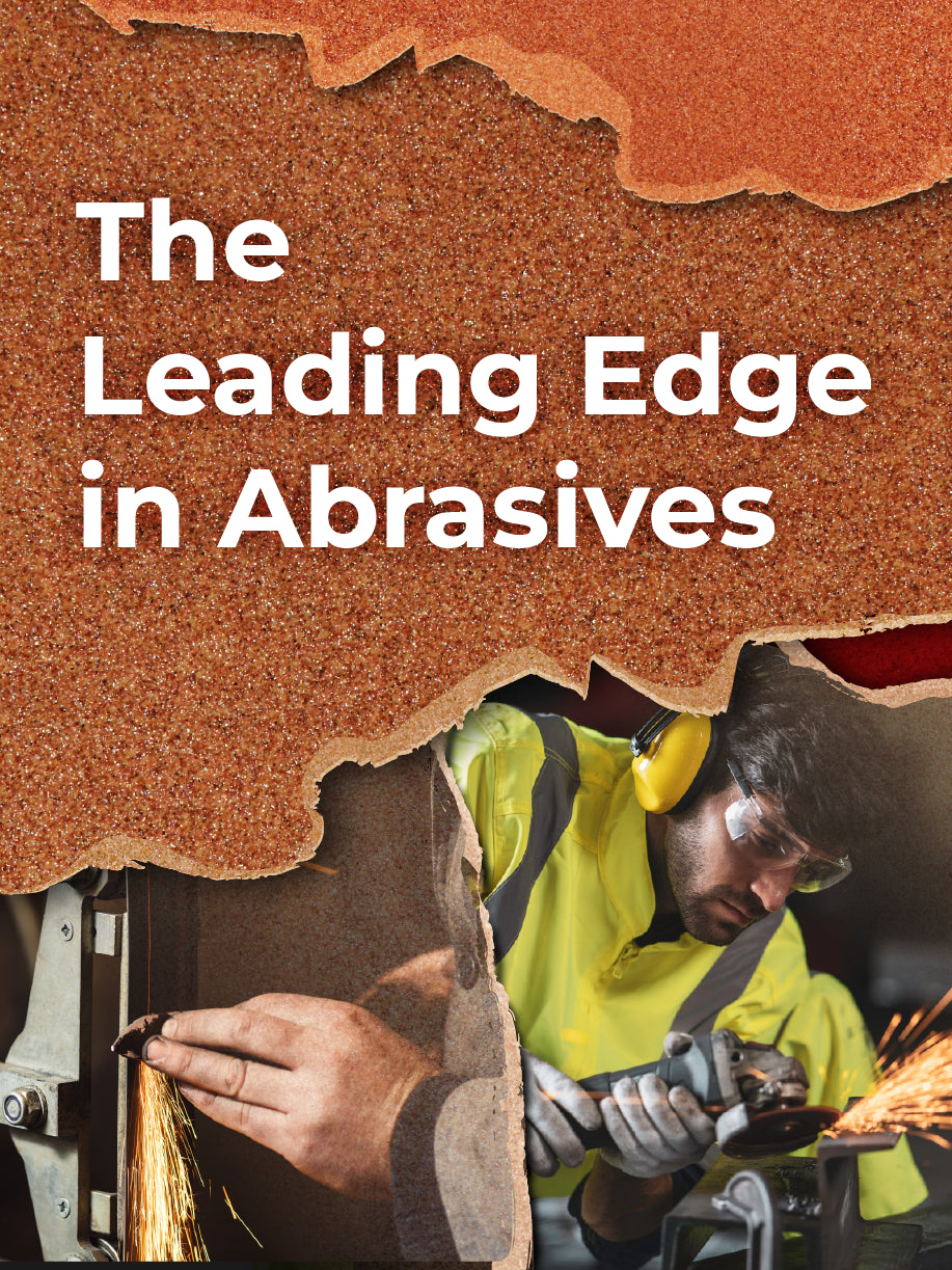 Website banner reading 'The Leading Edge in Abrasives' on top of a sandpaper textured background with images of a car and knife grinder.